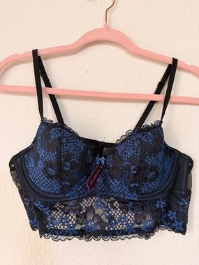 NWT Adore Me Lace Longline Bra 36B Black Blue Bustier Bralette Y2K Coquette